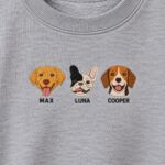 Close-up of three embroidered dog faces with the names Max, Luna and Cooper stitched below in block letters