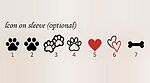 Sleeve icon chart with seven numbered icons: 1 and 2 paw prints, 3 two paw outlines, 4 a paw outline, 5 a red heart, 6 two hearts and 7 a bone