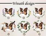 Flower wreath chart with six numbered wreaths around a dog portrait: 1 lavender, 2 wildflowers, 3 daisy branches, 4 Halloween, 5 green leaf circle, 6 daisy and blossom circle