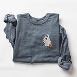 Dark Heather crewneck sweatshirt laid flat on white, embroidered on the left chest with a ghost sipping red wine, a black and tan dachshund and a jack-o'-lantern