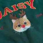 Close-up of an embroidered orange cat portrait with brown reindeer antlers, green eyes and a red nose