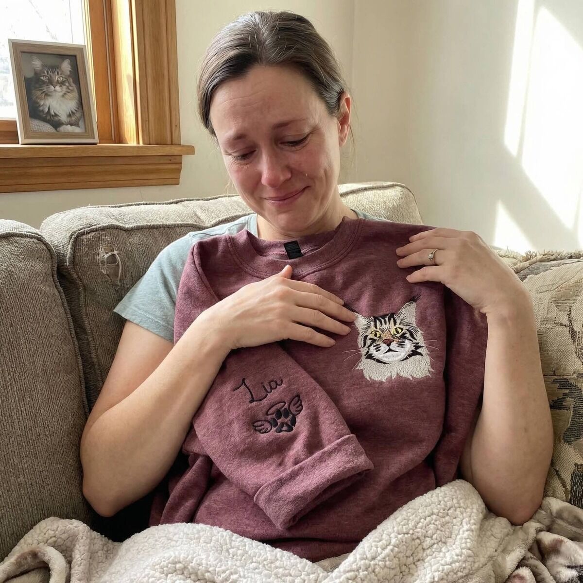 Embroidered Cat Portrait Sweatshirt Keepsake Woman holding an embroidered cat sweatshirt with her tabby cat's portrait and an angel paw on the sleeve, a framed cat photo on the windowsill