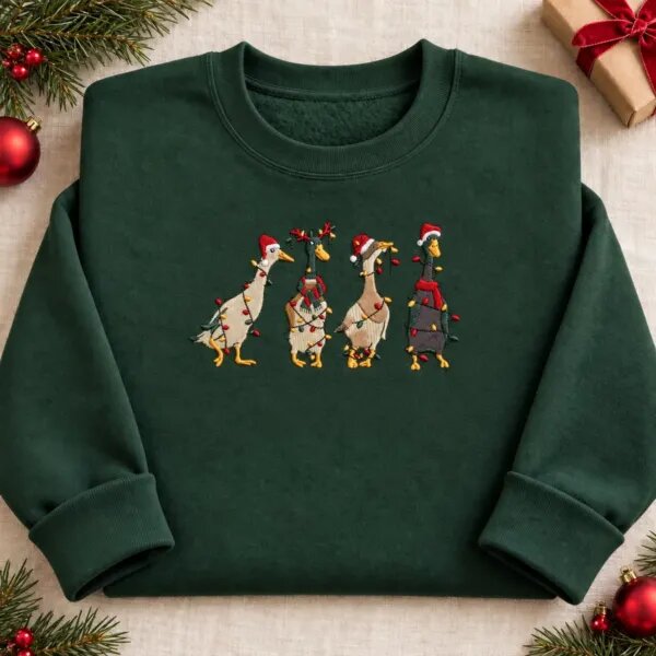 Embroidered Christmas duck sweatshirt in Forest Green with four ducks in Santa hats and Christmas lights across the chest