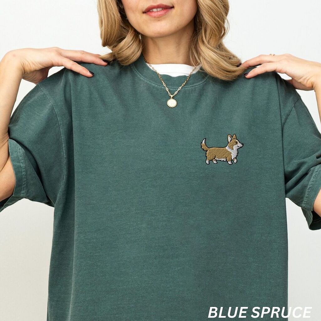 Comfort Colors 1717 T-shirt in Blue Spruce with a small embroidered corgi on the left chest