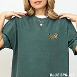 Blue Spruce Comfort Colors T-shirt embroidered with a cute cartoon corgi in golden tan and white trotting on the left chest