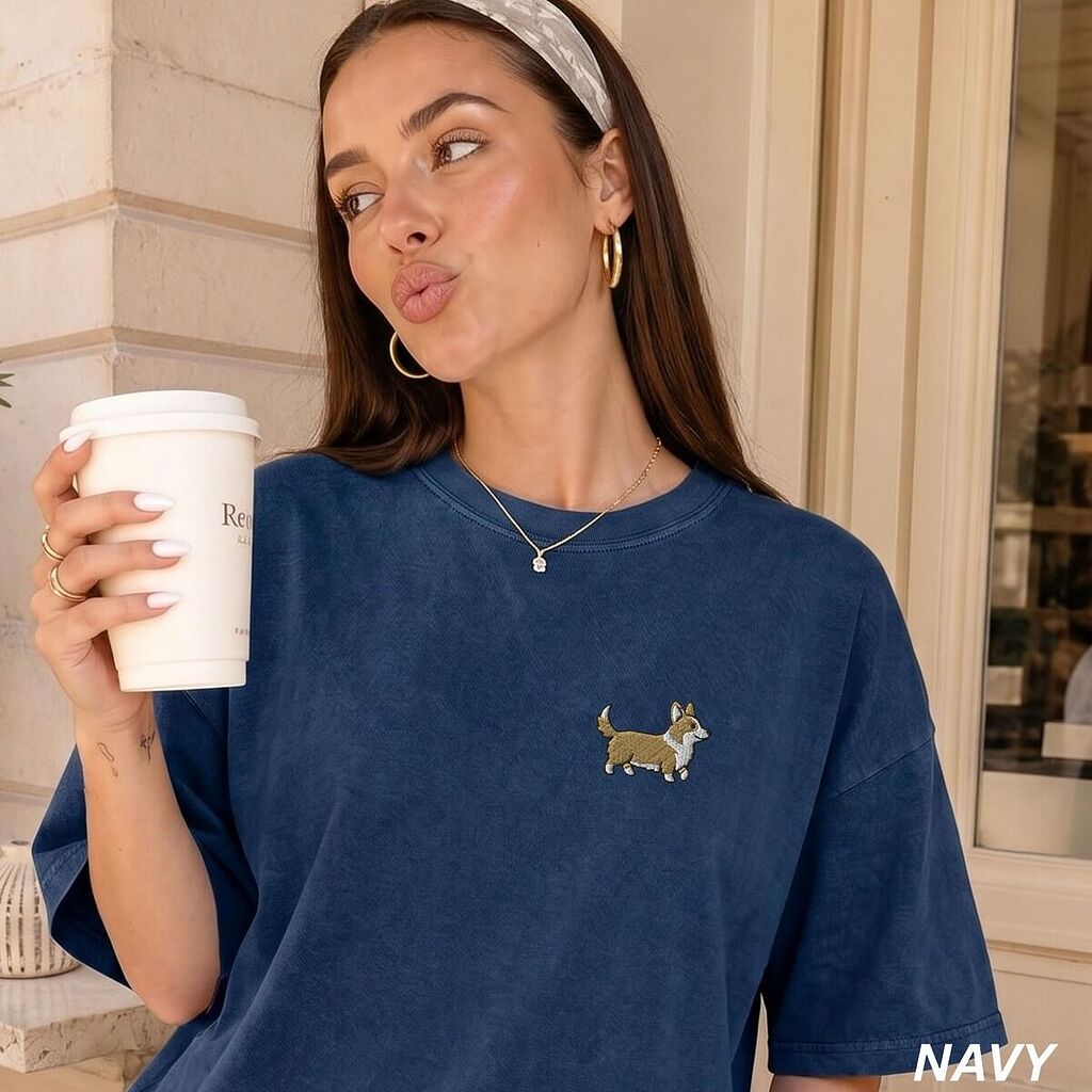 Comfort Colors 1717 T-shirt in Navy with a small embroidered corgi on the left chest