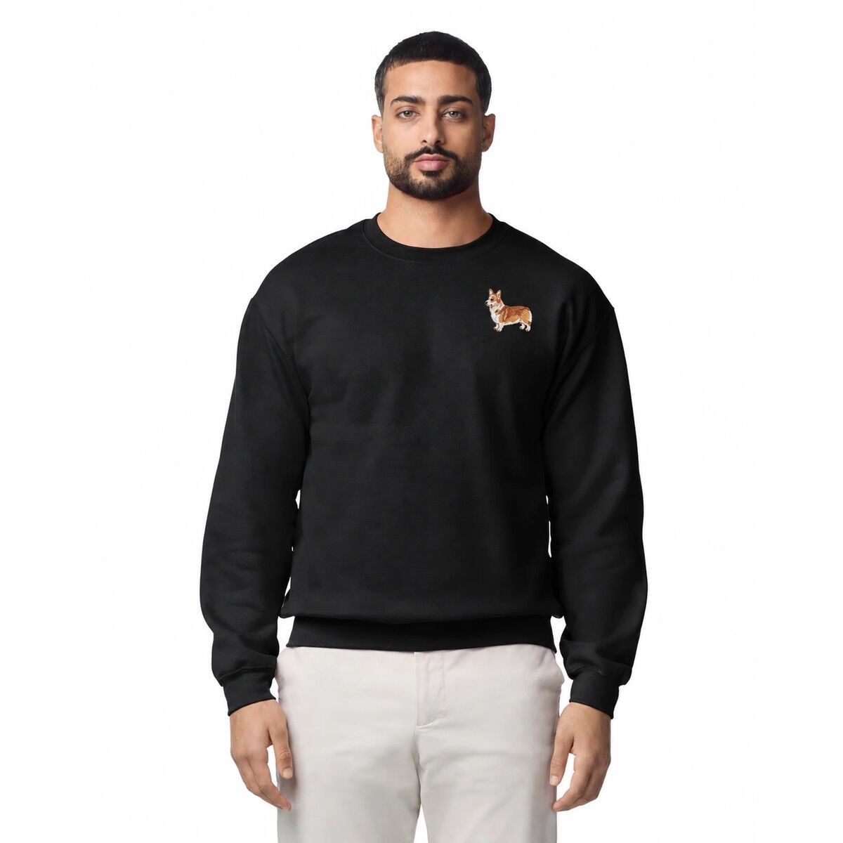 Embroidered Corgi Sweatshirt – Black Man wearing a Black embroidered corgi sweatshirt with a mini red and white corgi on the left chest
