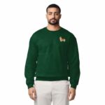 Man wearing a Forest Green embroidered corgi sweatshirt with a mini red and white corgi on the left chest