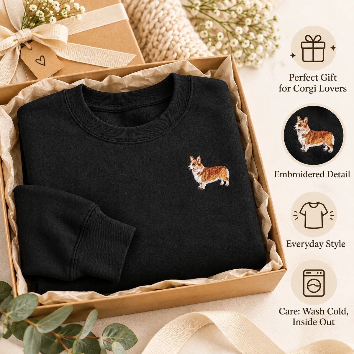 Embroidered Corgi Sweatshirt Gift Box Black embroidered corgi sweatshirt folded in a gift box, with icons for a perfect gift for corgi lovers, embroidered detail, everyday style and wash cold inside out