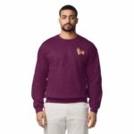 Man wearing a Maroon embroidered corgi sweatshirt with a mini red and white corgi on the left chest