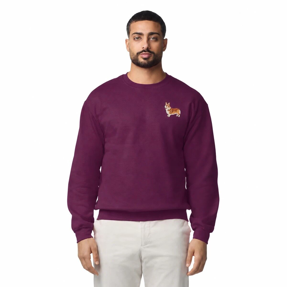 Embroidered Corgi Sweatshirt – Maroon Man wearing a Maroon embroidered corgi sweatshirt with a mini red and white corgi on the left chest