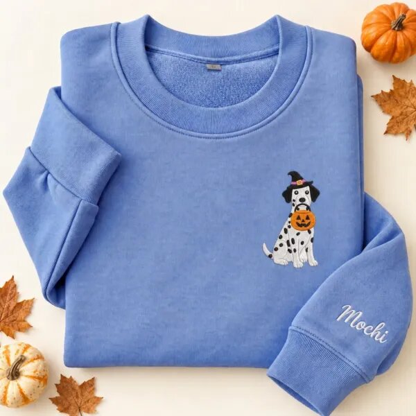 Embroidered Dalmatian Halloween sweatshirt in Heather Deep Royal with a witch-hat Dalmatian holding a pumpkin bucket on the left chest