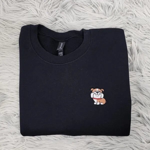 Embroidered English bulldog sweatshirt in Black with a smiling mini bulldog in a red collar on the left chest