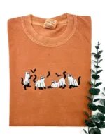 Yam orange T-shirt with four embroidered ghost cats and bats across the chest