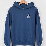 Indigo Blue Gildan 18500 hoodie embroidered with a little white ghost hugging a black cat on the left chest