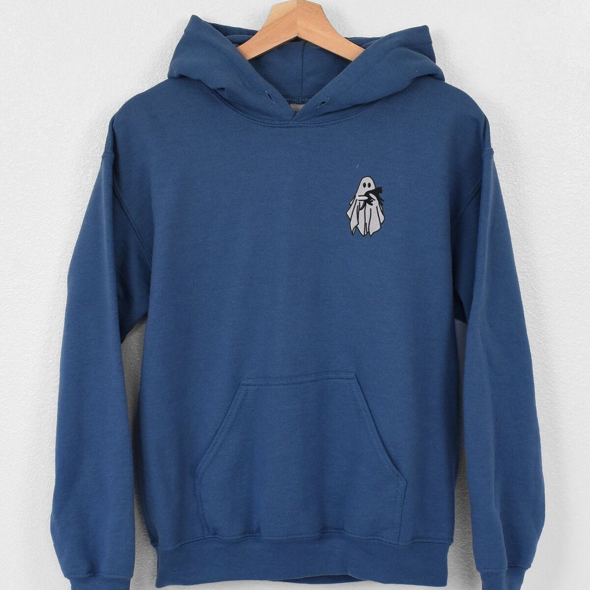 Embroidered Ghost Hoodie – Indigo Blue Indigo Blue Gildan 18500 hoodie embroidered with a little white ghost hugging a black cat on the left chest