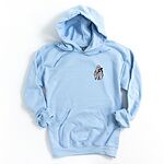 Light Blue Gildan 18500 hoodie embroidered with a little white ghost hugging a black cat on the left chest