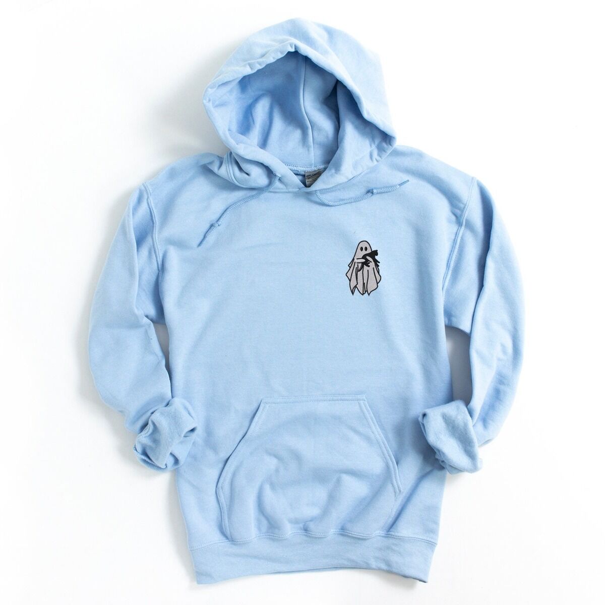 Embroidered Ghost Hoodie – Light Blue Light Blue Gildan 18500 hoodie embroidered with a little white ghost hugging a black cat on the left chest