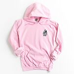 Light Pink Gildan 18500 hoodie embroidered with a little white ghost hugging a black cat on the left chest