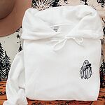 White Gildan 18500 hoodie embroidered with a little white ghost hugging a black cat on the left chest