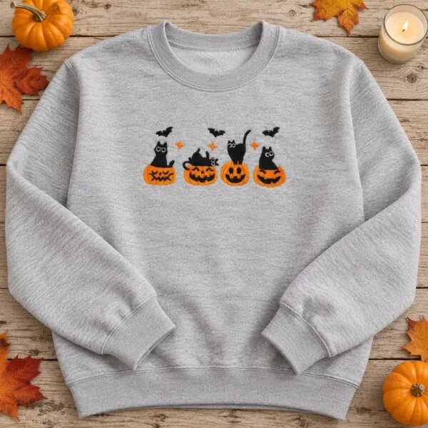 Embroidered Halloween crewneck in Sport Grey with black cats in pumpkins, bats and sparkles across the chest