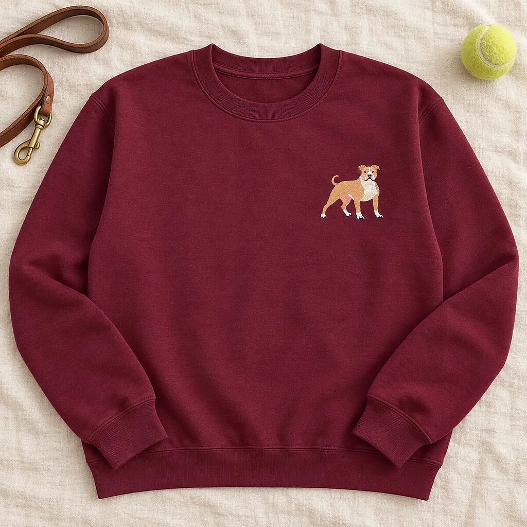 Maroon crewneck sweatshirt with a mini fawn and white pit bull embroidered on the left chest