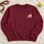 Maroon crewneck sweatshirt with a mini fawn and white pit bull embroidered on the left chest