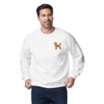 Man wearing a White embroidered poodle sweatshirt with a mini apricot poodle on the left chest