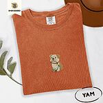 Yam Comfort Colors T-shirt embroidered with a fawn and cream English bulldog puppy in a red collar chewing a string of Christmas lights