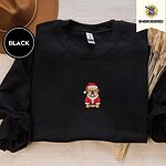 Black crewneck sweatshirt with a brown felt hat and dried bunny tail grass, embroidered with a fawn English bulldog in a red Santa suit, black belt and Santa hat