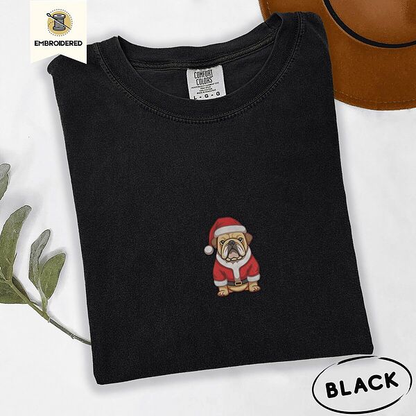 Black Comfort Colors T-shirt embroidered with a fawn English bulldog in a red Santa suit, black belt and Santa hat