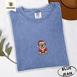 Blue Jean Comfort Colors T-shirt embroidered with a fawn English bulldog in a red Santa suit, black belt and Santa hat