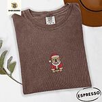 Espresso Comfort Colors T-shirt embroidered with a fawn English bulldog in a red Santa suit, black belt and Santa hat