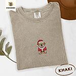 Khaki Comfort Colors T-shirt embroidered with a fawn English bulldog in a red Santa suit, black belt and Santa hat