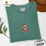 Light Green Comfort Colors T-shirt embroidered with a fawn English bulldog in a red Santa suit, black belt and Santa hat