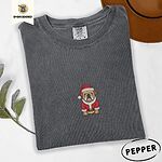 Pepper Comfort Colors T-shirt embroidered with a fawn English bulldog in a red Santa suit, black belt and Santa hat