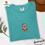 Seafoam Comfort Colors T-shirt embroidered with a fawn English bulldog in a red Santa suit, black belt and Santa hat