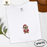 White Comfort Colors T-shirt embroidered with a fawn English bulldog in a red Santa suit, black belt and Santa hat