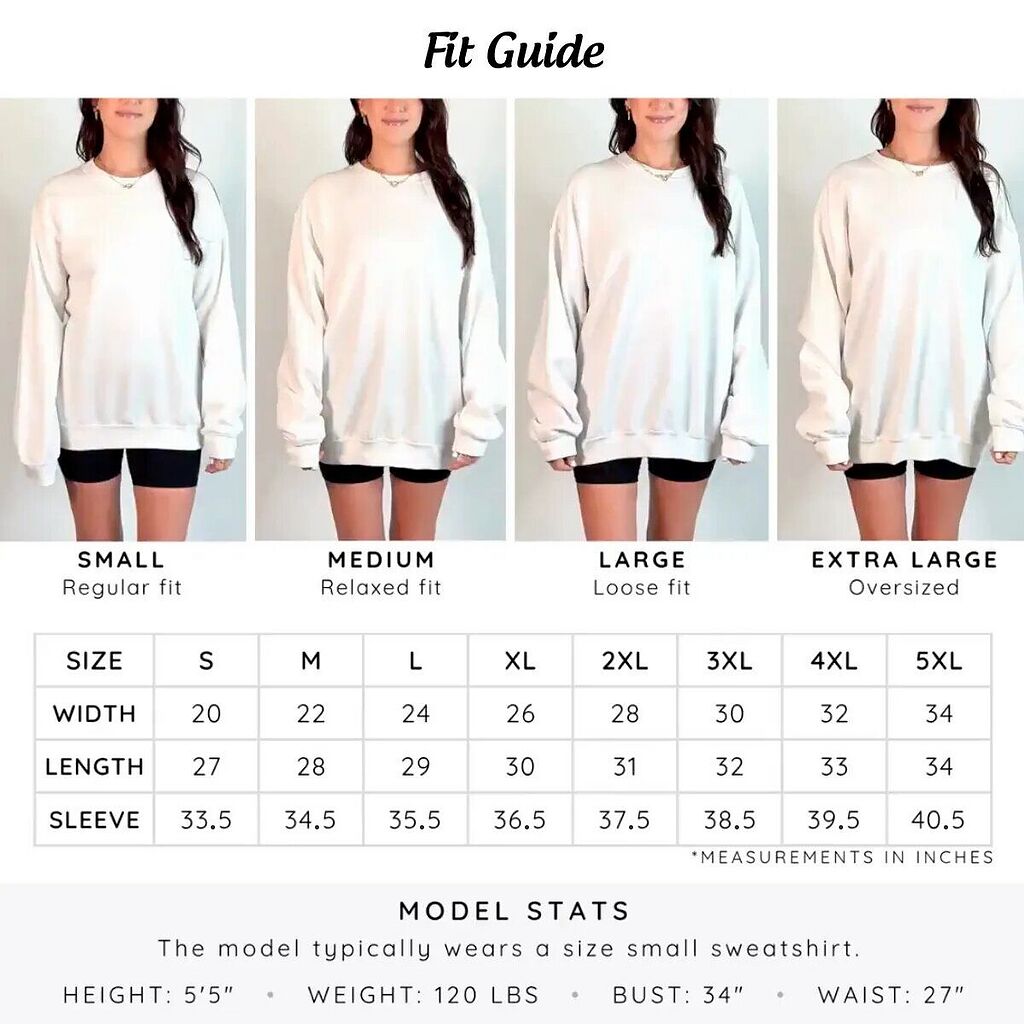 Gildan 18000 sweatshirt fit guide on a 5 foot 5 model who usually wears size S: S regular fit, M relaxed, L loose, XL oversized. Width in inches from 20 (S) to 34 (5XL), length 27 to 34, sleeve from the center back 33.5 to 40.5