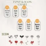 Font and icon chart: fonts Type, Garden, Ariane, Unicorn, BlackJack and Crayfish, and 12 numbered embroidery icons such as paw prints, hearts and a bone