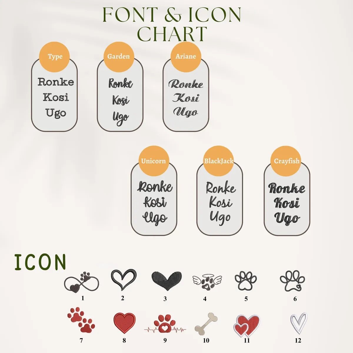 Font & Icon Chart Font and icon chart: fonts Type, Garden, Ariane, Unicorn, BlackJack and Crayfish, and 12 numbered embroidery icons such as paw prints, hearts and a bone