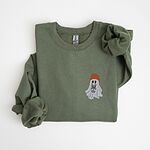 Military Green crewneck sweatshirt laid flat on a white background, embroidered with a little ghost in a rust knit beanie hugging a grey French bulldog on the left chest