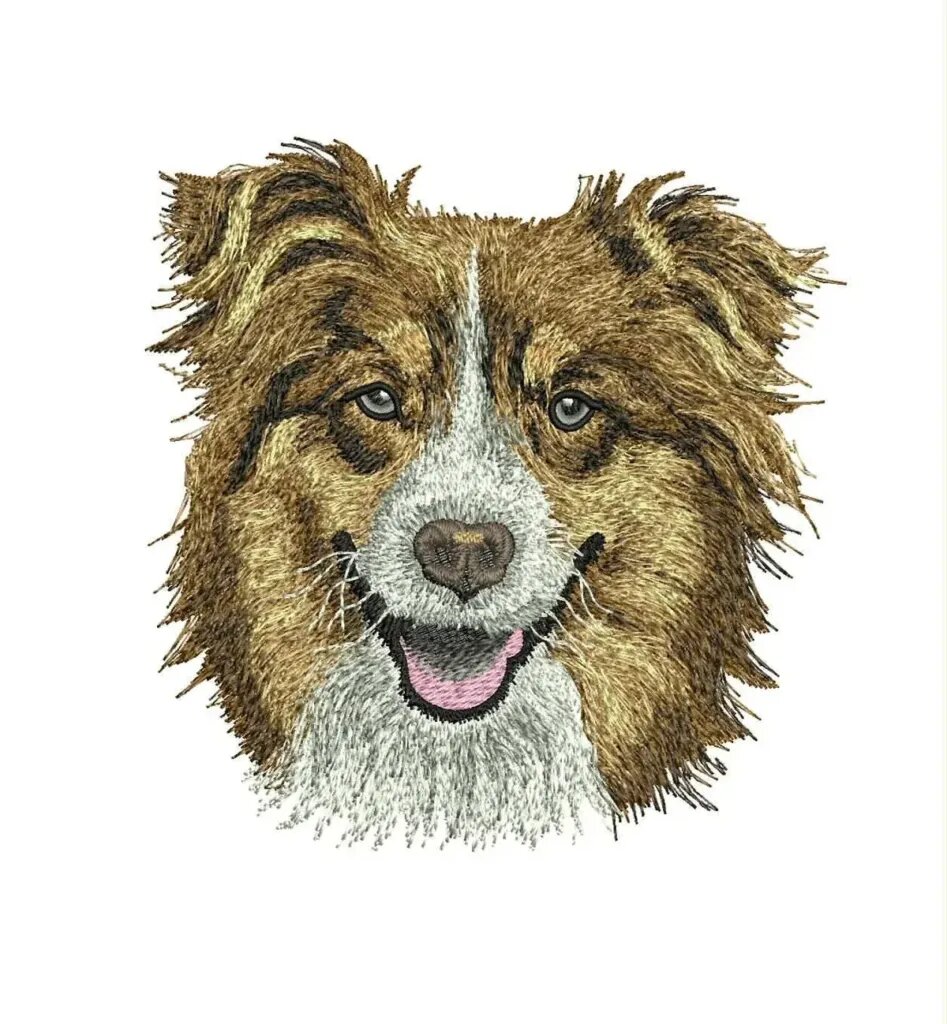 Digital embroidery proof of an Australian Shepherd face