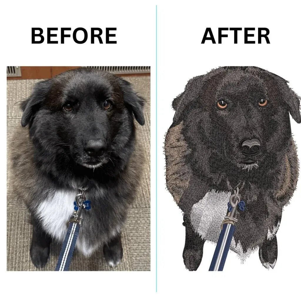 Before and after: a photo of a black dog with a white chest and a blue leash, and the digital embroidery proof of the dog