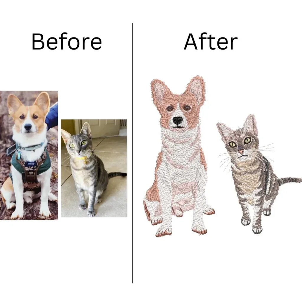Before and after: separate photos of a corgi and a gray tabby cat, combined in one digital embroidery proof