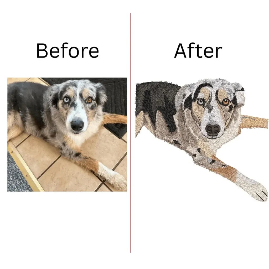 Before and after: a photo of a merle Australian Shepherd lying on a tile floor, and the digital embroidery proof that keeps its blue and brown eyes