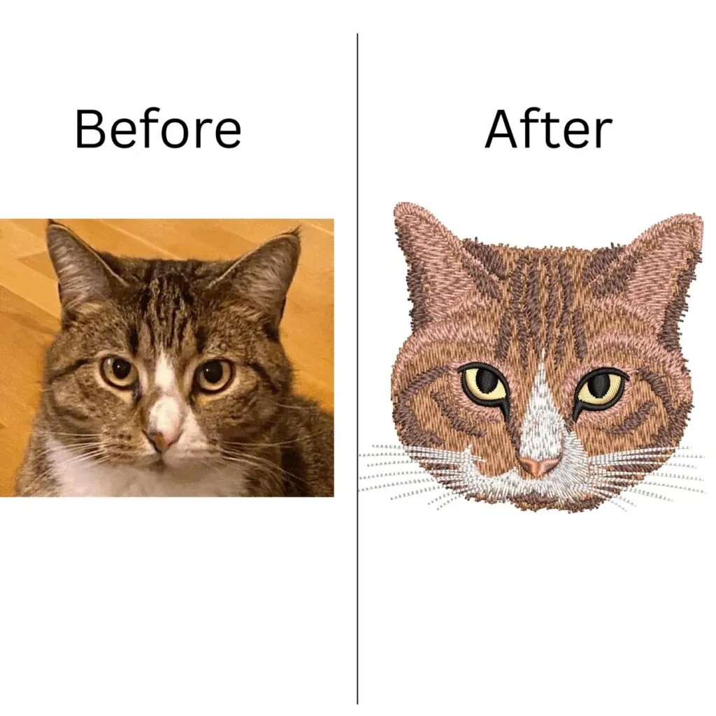 Before and after: a close photo of a brown tabby cat, and the face-only digital embroidery proof