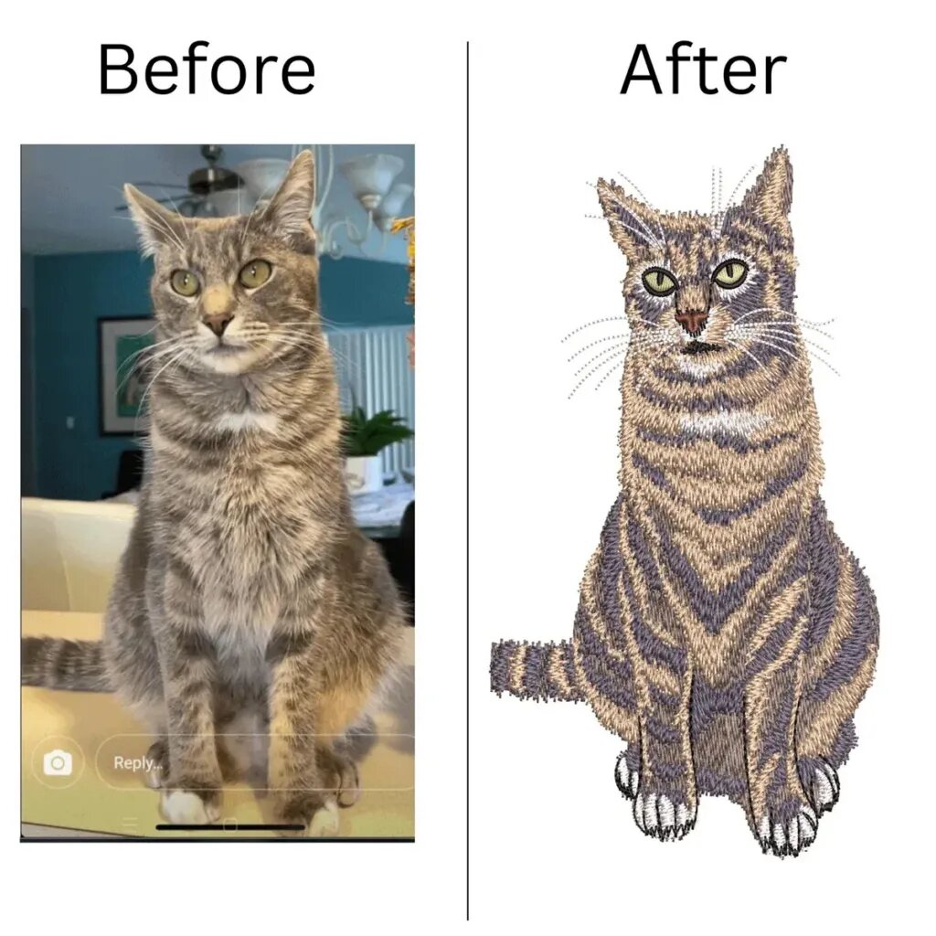Before and after: a photo of a gray tabby cat sitting, and the full-body digital embroidery proof