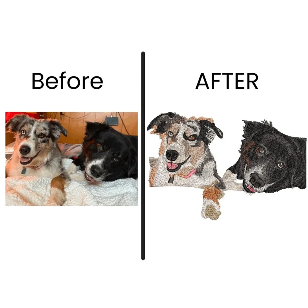 Before and after: a photo of a merle Australian Shepherd and a black and white dog on a blanket, and the digital embroidery proof of both dogs