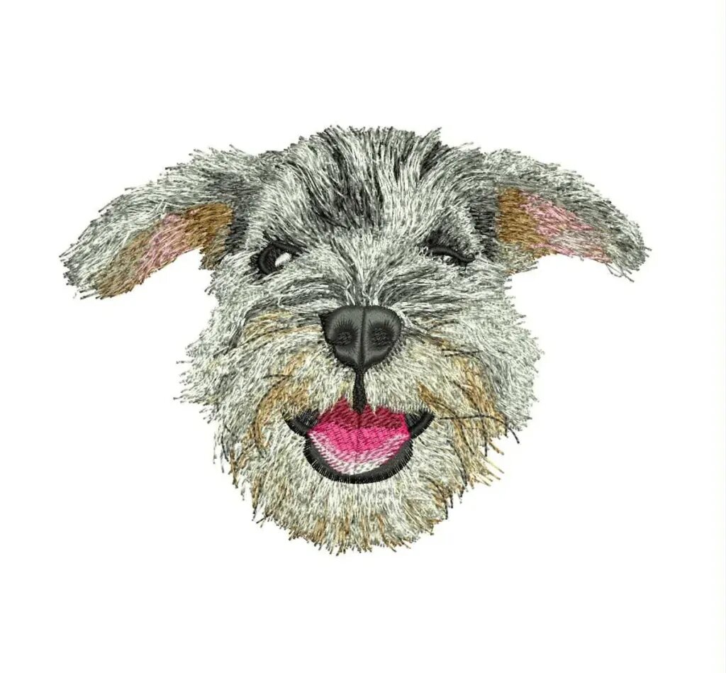 Digital embroidery proof of a gray wire-haired terrier face